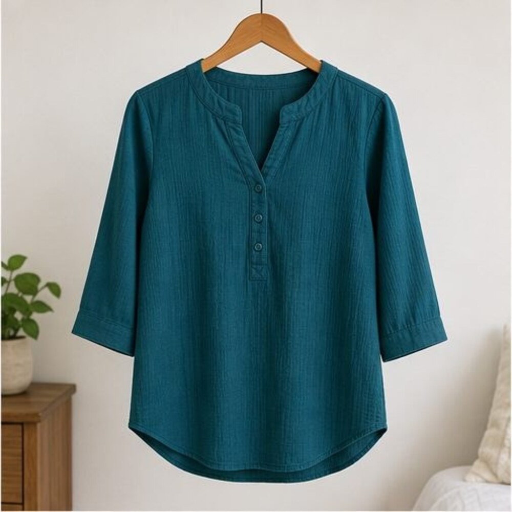 Teal Henley Notch Neck Blouse